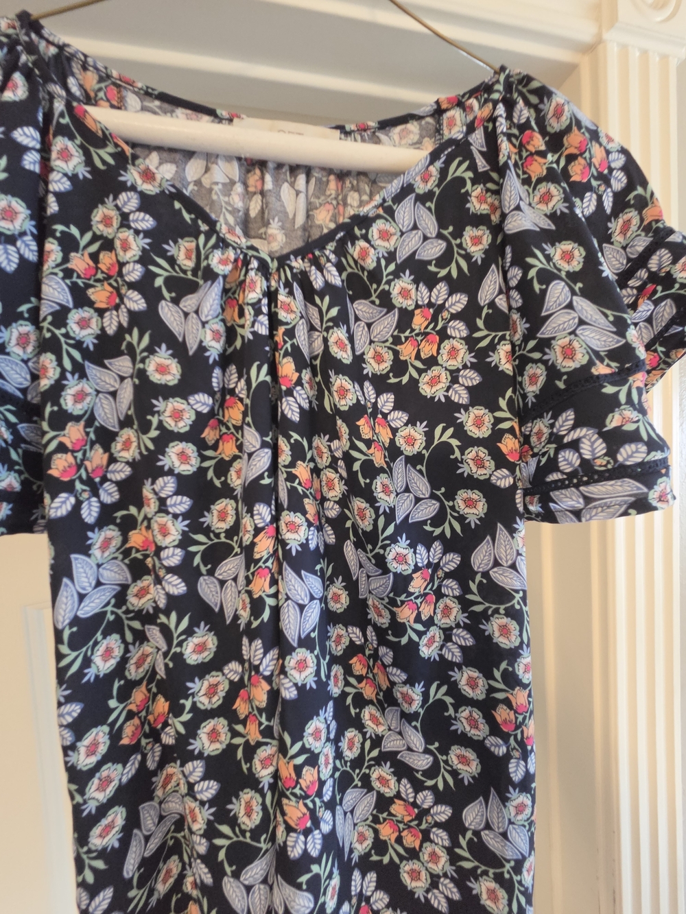 LOFT Navy Floral Peasant Blouse with Pink & Green Accents